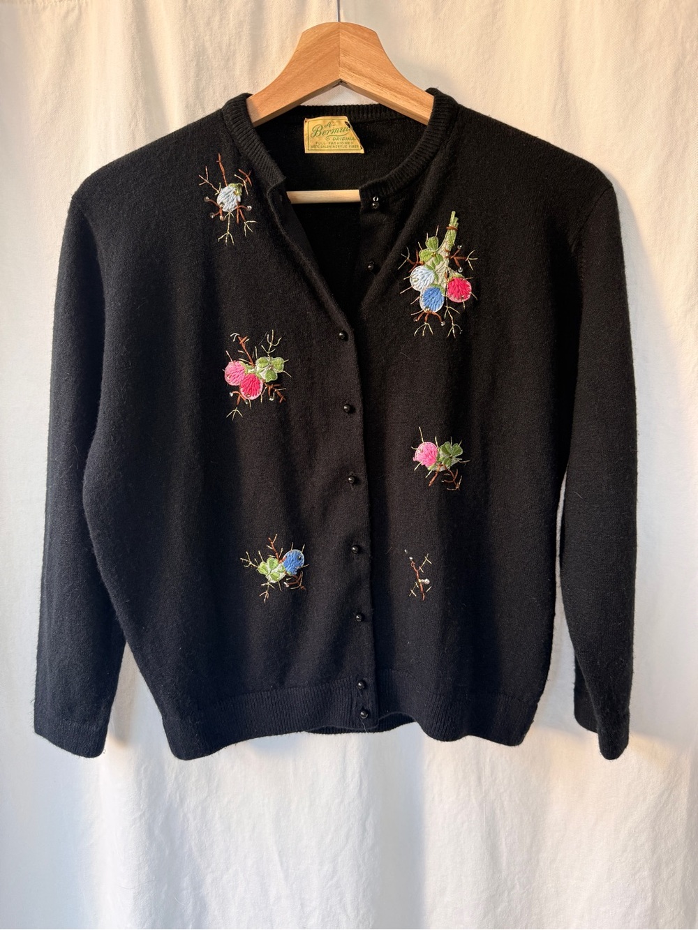 Vintage Black Cardigan with Colorful Floral Embroidery